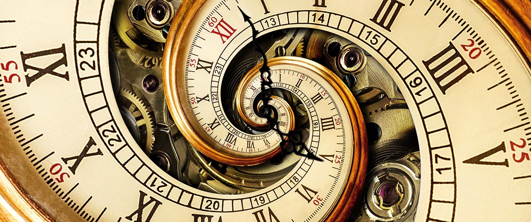 Antique clock spiraling inward, symbolizing time distortion.