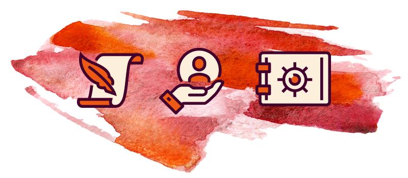 Icons side-by-side: parchment with feather quill, hand holding a person icon, and secure vault over a red watercolor background