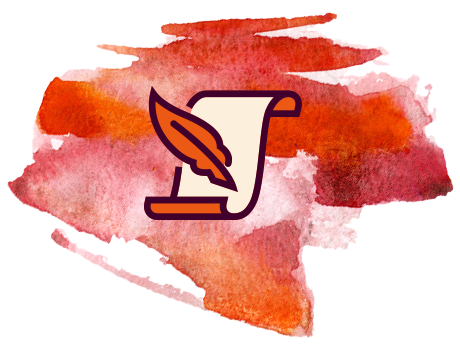 Icon: parchment with feather quill over a red watercolor background