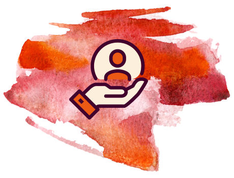 Icon: hand holding a person icon over a red watercolor background