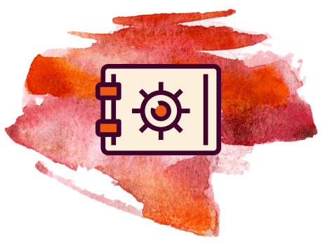 Icon: secure vault over a red watercolor background