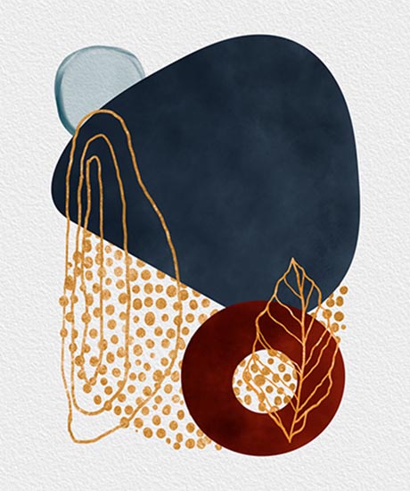 Abstract composition featuring multiple organic shapes stacked and overlapping one another