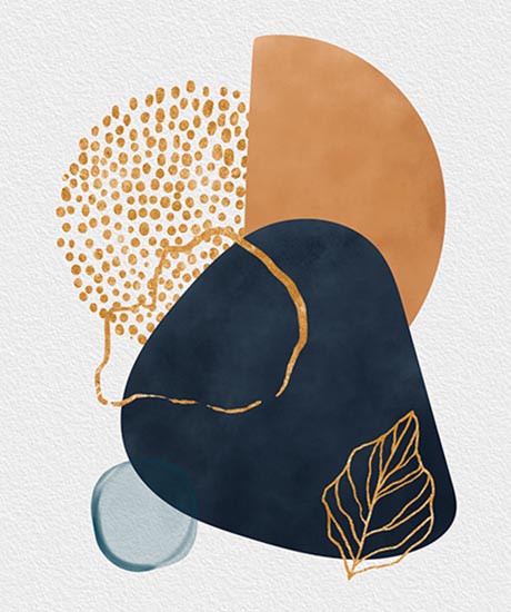 Abstract composition featuring multiple organic shapes stacked and overlapping one another