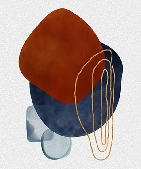 Abstract composition featuring multiple organic shapes stacked and overlapping one another
