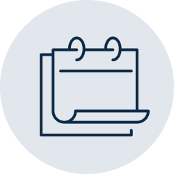 A dark blue calendar icon centered on a light blue-gray circular background.