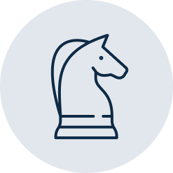 A dark blue chess knight icon centered on a light blue-gray circular background.