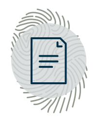 A document icon over a fingerprint pattern on a light circular background.