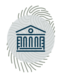 A building icon over a fingerprint pattern on a light circular background.