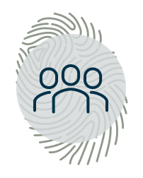 A person icon over a fingerprint pattern on a light circular background.