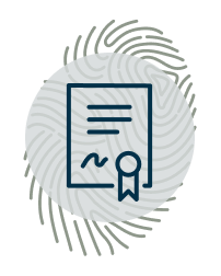 A certified document icon over a fingerprint pattern on a light circular background.