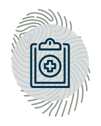 A medical clipboard icon over a fingerprint pattern on a light circular background.