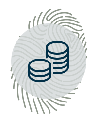 A coins icon over a fingerprint pattern on a light circular background.