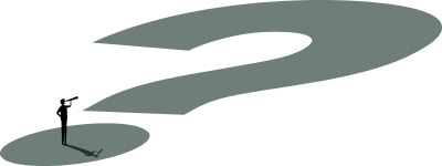 A minimalist illustration of a lone person standing on a small white circle and looking through a telescope toward a giant question mark-shaped path on a gray background