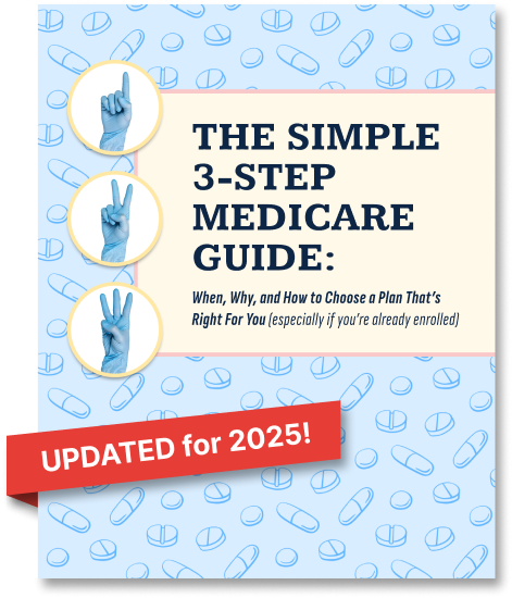 Cover of "The Simple 3-Step Medicare Guide" updated for 2025, with blue hand signs showing numbers 1, 2, and 3 on a medical pill background.