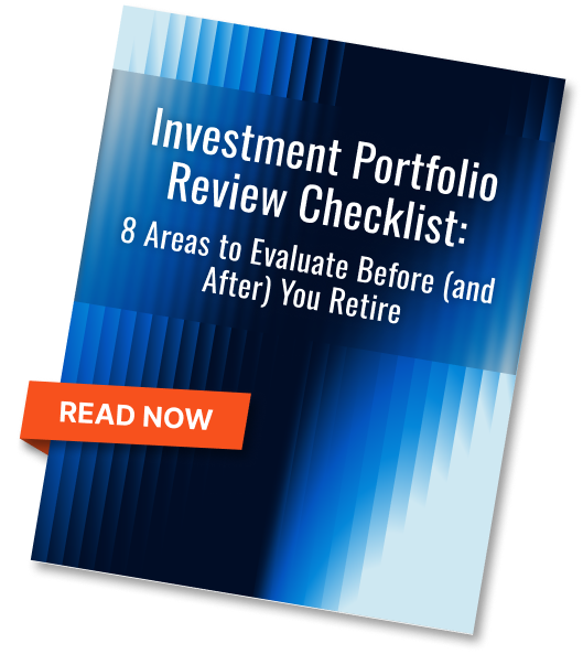 text: Investment Portfolio Review Checklist: 8 Areas to Evaluate Before (and After) You Retire; with a read now banner; over a striped gradient blue lines