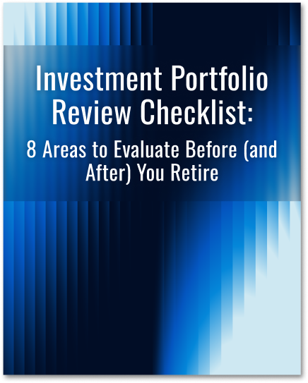 text: Investment Portfolio Review Checklist: 8 Areas to Evaluate Before (and After) You Retire; over a striped gradient blue lines