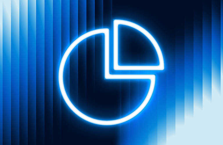 icon of a pie chart over a striped gradient blue lines