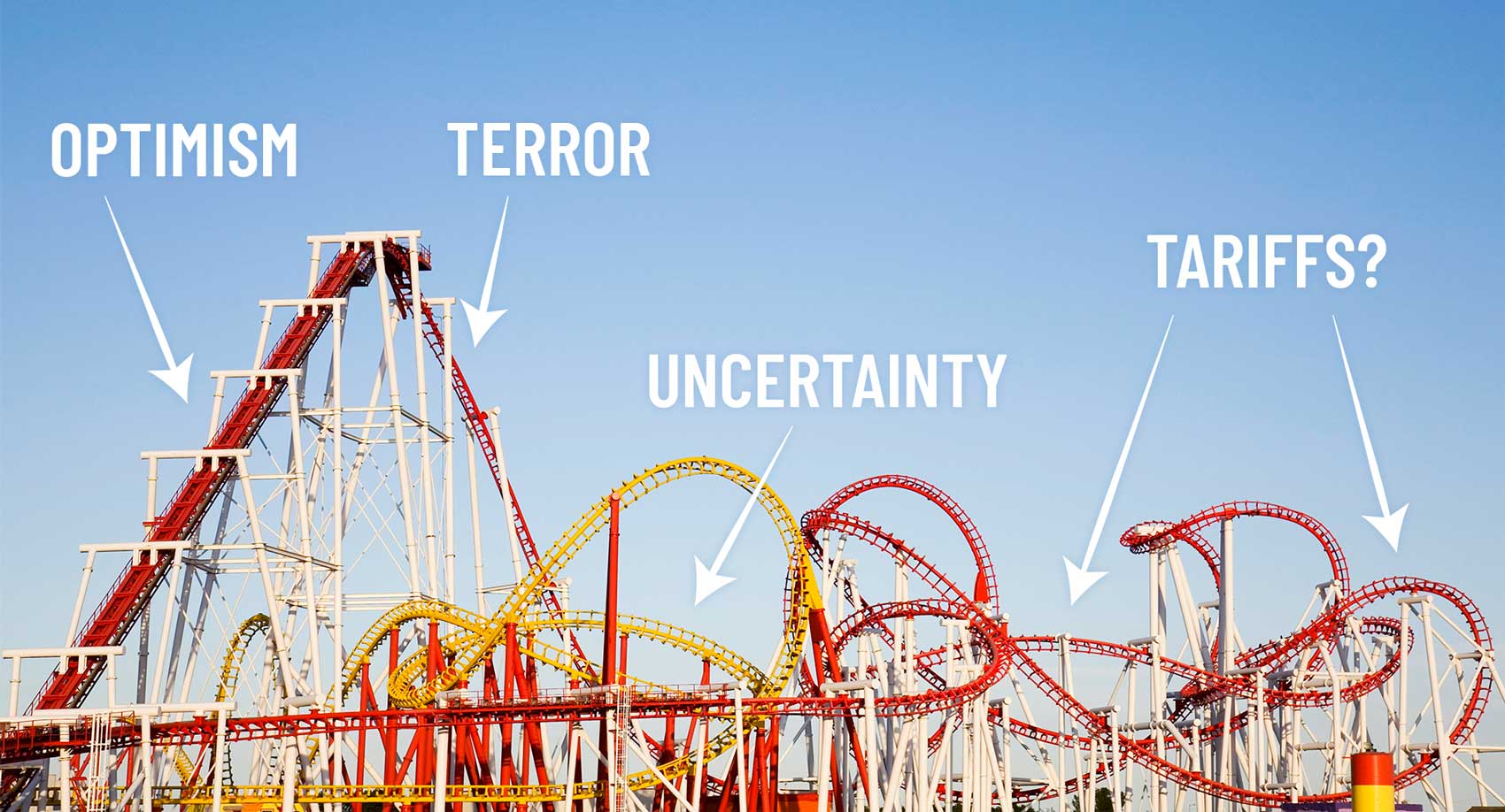 A picture of a rollercoaster, with the words OPTIMISM, TERROR, UNCERTAINTY, TARIFFS? pointing to different highs and lows on the coaster track. A picture of a rollercoaster, with the words OPTIMISM, TERROR, UNCERTAINTY, TARIFFS? pointing to different highs and lows on the coaster track.